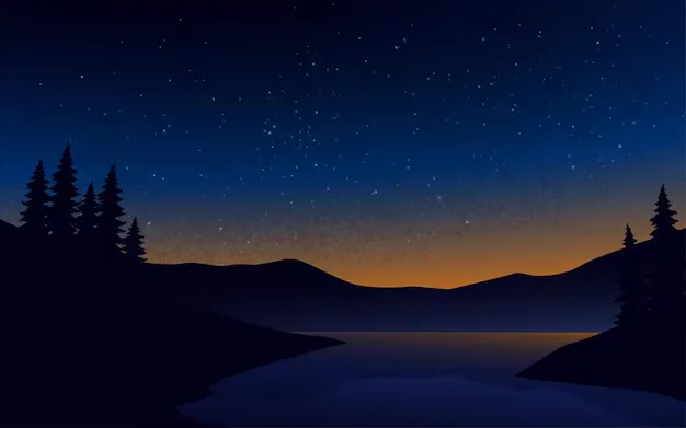 Abstract illustration of a calm evening sky with a soft moon and faint stars over a quiet landscape